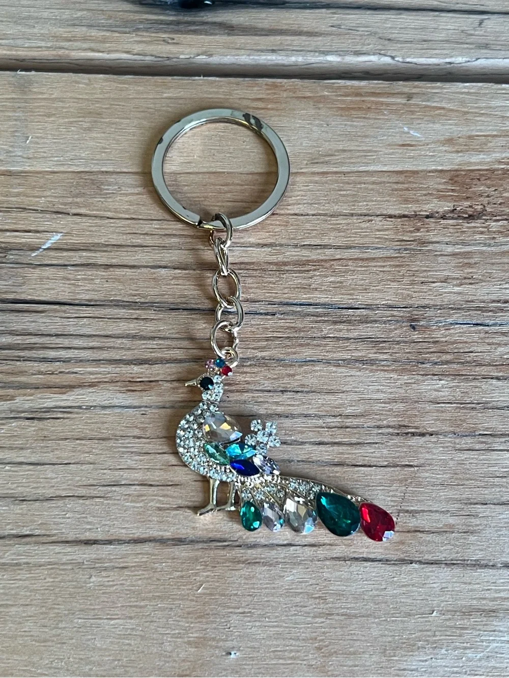 Peacock with Multi Colored Rhinestone Tail Keyring on Gold Hardware